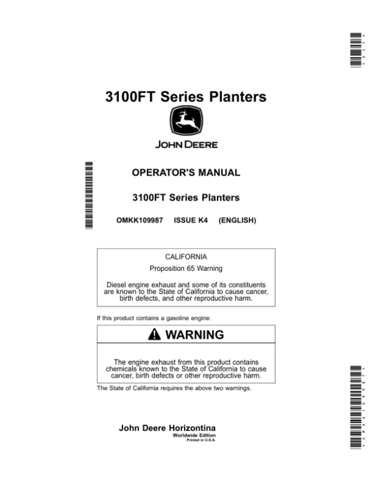 John Deere 3100FT Series Planters Operator’s Manual (OMKK109987) Workshop Guide