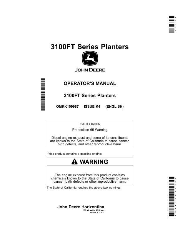 John Deere 3100FT Series Planters Operator’s Manual (OMKK109987) Workshop Guide