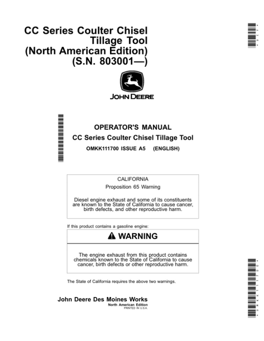 John Deere CC Series Coulter Chisel Tillage Tool (North American) (S.N. 803001—) Operator’s Manual (OMKK111700) Workshop Guide
