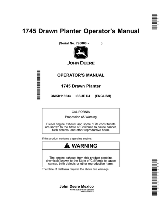 John Deere 1745 Drawn Planter Operator’s Manual (OMKK118633) Workshop Guide