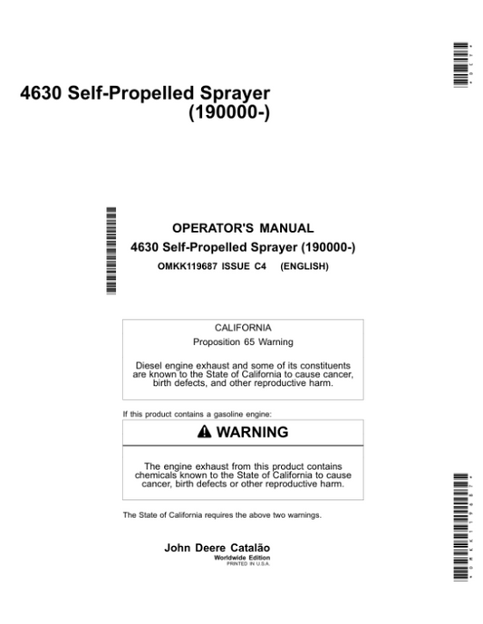 John Deere 4630 Self-Propelled Sprayer (190000-) Operator’s Manual (OMKK119687) Workshop Guide