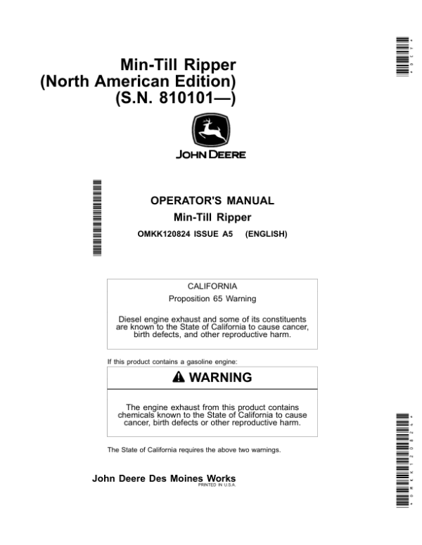 John Deere Min-Till Ripper (North American) (S.N. 810101—) Operator’s Manual (OMKK120824) Workshop Guide
