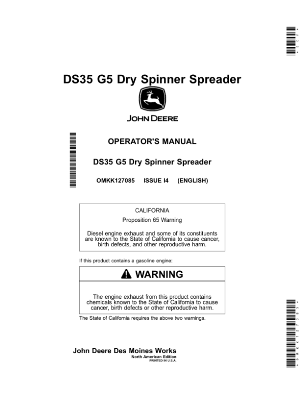 John Deere DS35 G5 Dry Spinner Spreader Operator’s Manual (OMKK127085) Workshop Guide