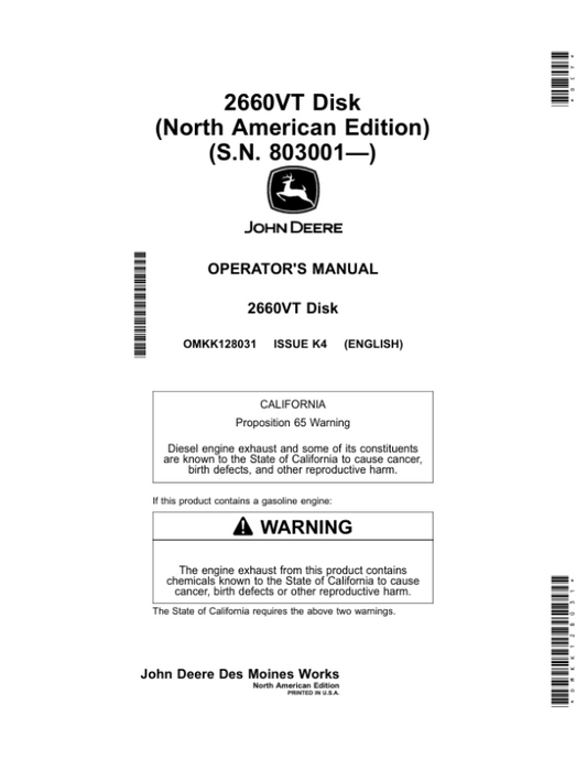 John Deere 2660VT Disk (North American) (S.N. 803001—) Operator’s Manual (OMKK128031) Workshop Guide
