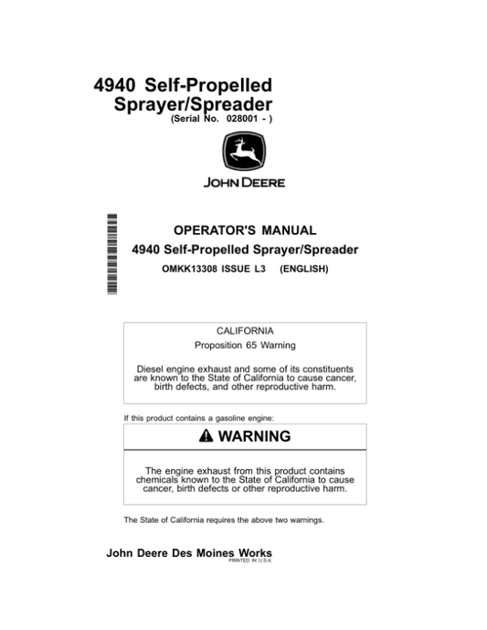 John Deere 4940 Self-Propelled Sprayer/Spreader Operator’s Manual (OMKK13308) Workshop Guide