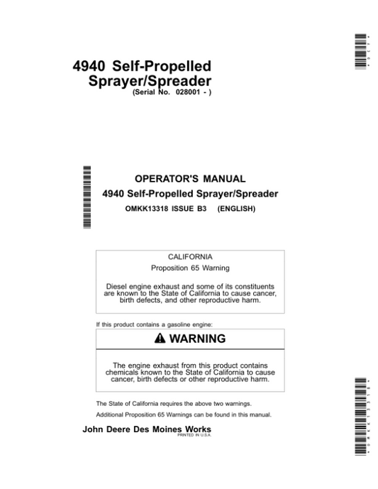 John Deere 4940 Self-Propelled Sprayer/Spreader Operator’s Manual (OMKK13318) Workshop Guide