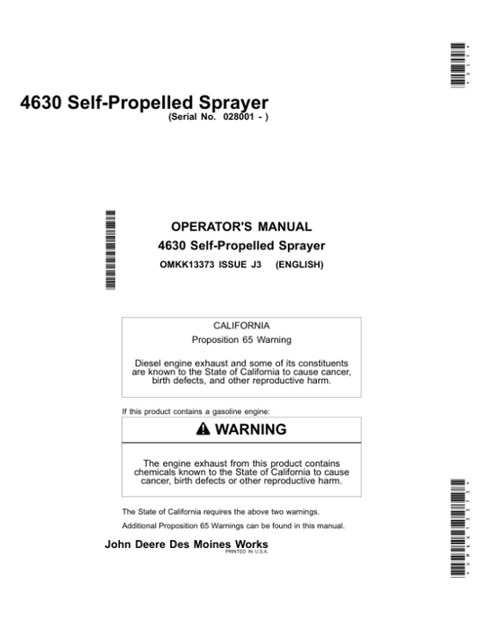 John Deere 4630 Self-Propelled Sprayers Export Edition (028001-033000) Operator’s Manual (OMKK13373) Workshop Guide