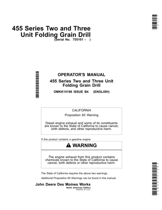 John Deere 455 Folding Grain Drills Operator’s Manual (OMKK15198) Workshop Guide