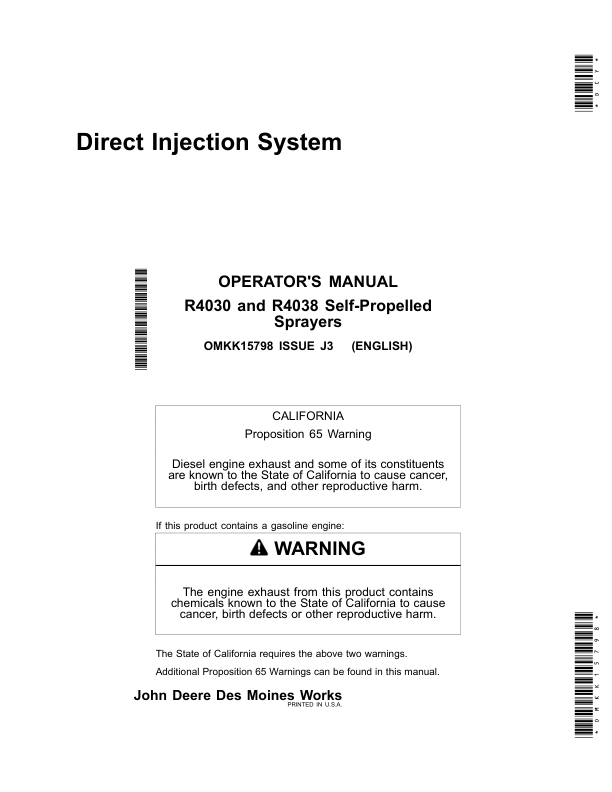 John Deere Direct Injection System R4030, R4038 Self-Propelled Sprayers Operator’s Manual (OMKK15798) Workshop Guide