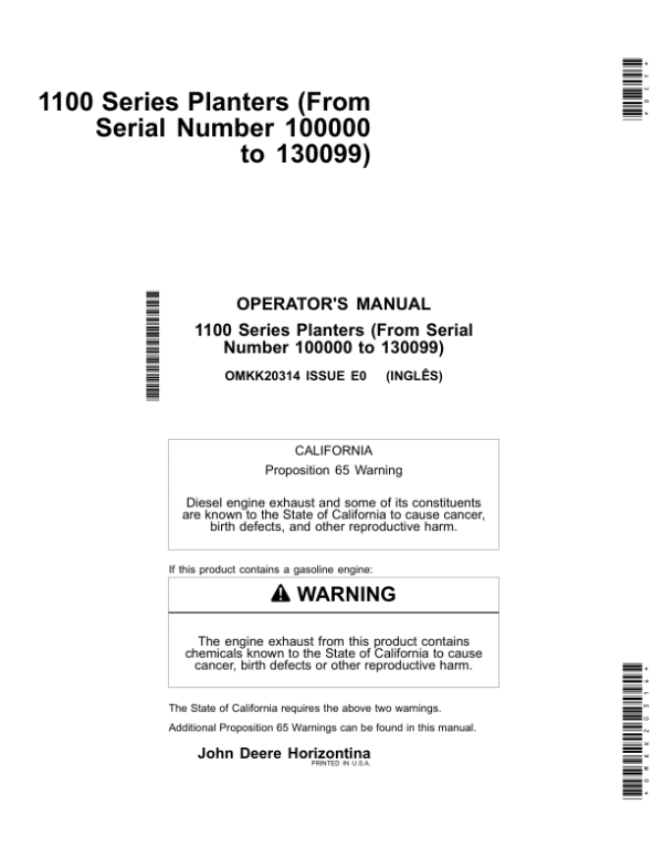 John Deere 1107,1109,1111 & 1113 Planters (100000-130099) Operator’s Manual (OMKK20314) Workshop Guide