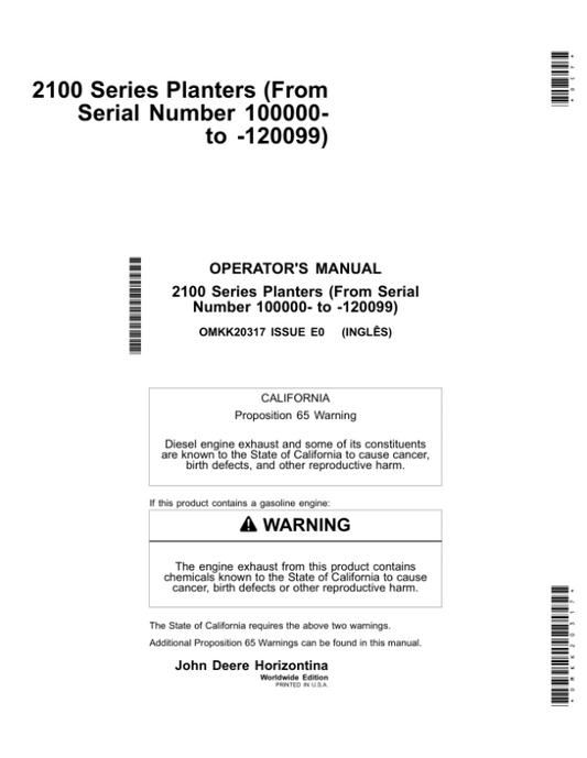 John Deere 2113, 2115, 2117, 2122, 2126, 2130 & 2134 Planters (100000-120099) Operator’s Manual (OMKK20317) Workshop Guide