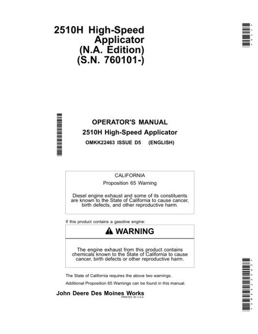 John Deere 2510H High-Speed Applicators (Low-Disturbance) North America (760101- ) Operator’s Manual (OMKK22463) Workshop Guide