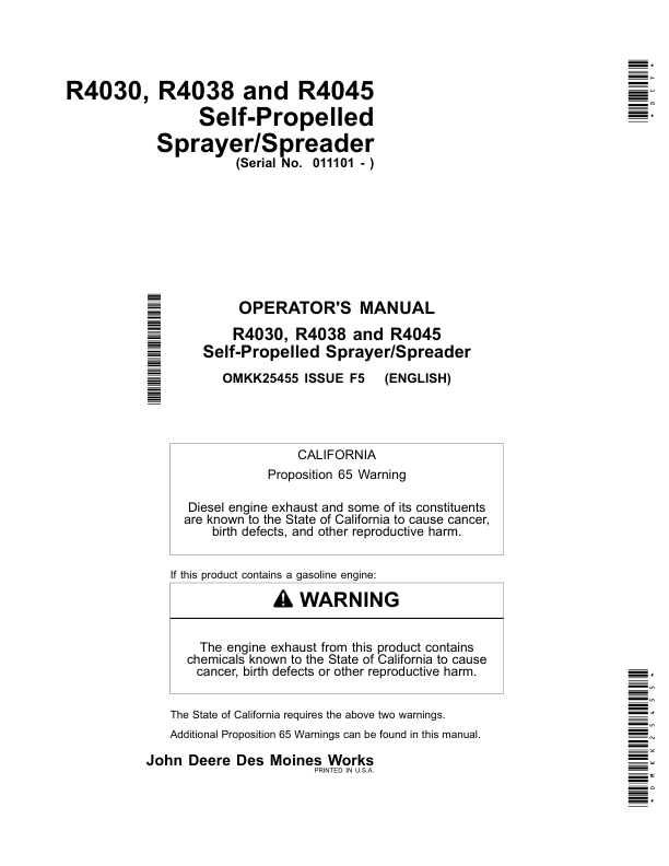 John Deere R4030, R4038 & R4045 Self-Propelled Sprayer/Spreader (Export Edition) Operator’s Manual (OMKK25455) Workshop Guide
