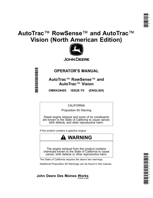John Deere AutoTrac RowSense, AutoTrac Vision (-MY17) Operator’s Manual (OMKK26405) Workshop Guide