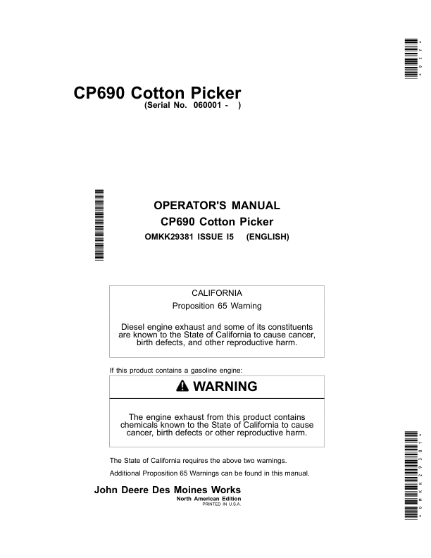 John Deere CP690 Cotton Pickers North America (060001-) Operator’s Manual (OMKK29381) Workshop Guide