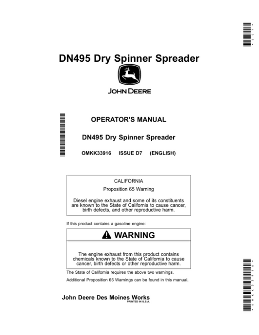 John Deere DN495 Dry Spinner Spreader Operator’s Manual (OMKK33916) Workshop Guide