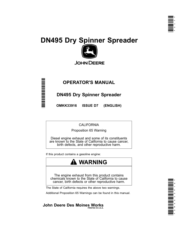 John Deere DN495 Dry Spinner Spreader Operator’s Manual (OMKK33916) Workshop Guide