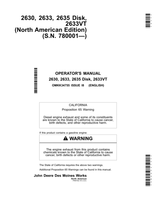 John Deere 2630, 2633, 2635, 2633VT Disks (With TruSet Tillage Info) Operator’s Manual (OMKK34755) Workshop Guide