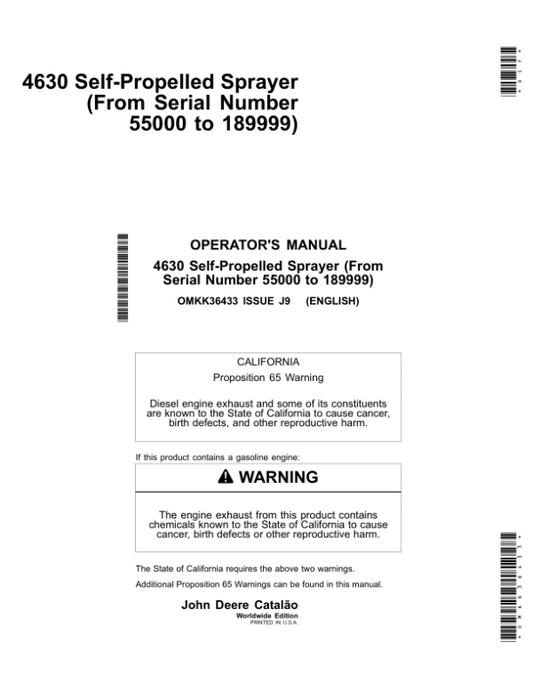 John Deere 4630 Self-Propelled Sprayer (Manufactured by Catalão) Operator’s Manual (OMKK36433) Workshop Guide