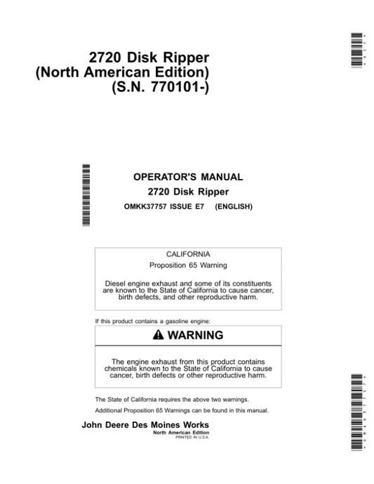 John Deere 2720 Disk Ripper Operator’s Manual (OMKK37757) Workshop Guide