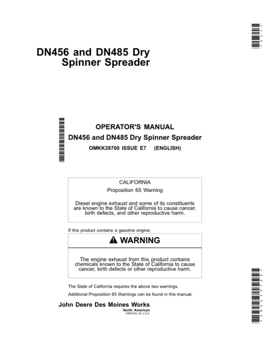 John Deere DN456 & DN485 Dry Spinner Spreaders Operator’s Manual (OMKK39700) Workshop Guide