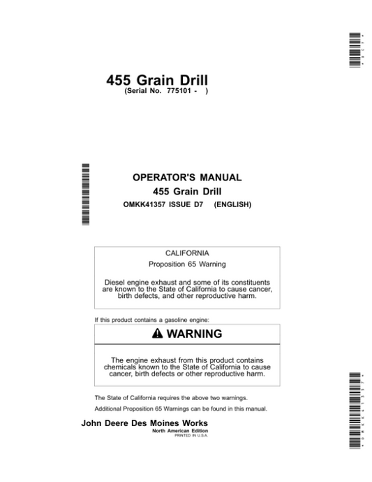 John Deere 455 Two & Three Unit Folding Grain Drill Operator’s Manual (OMKK41357) Workshop Guide