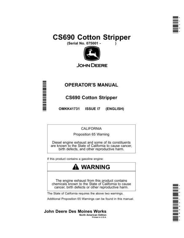 John Deere CS690 Cotton Stripper Operator’s Manual (OMKK41731) Workshop Guide
