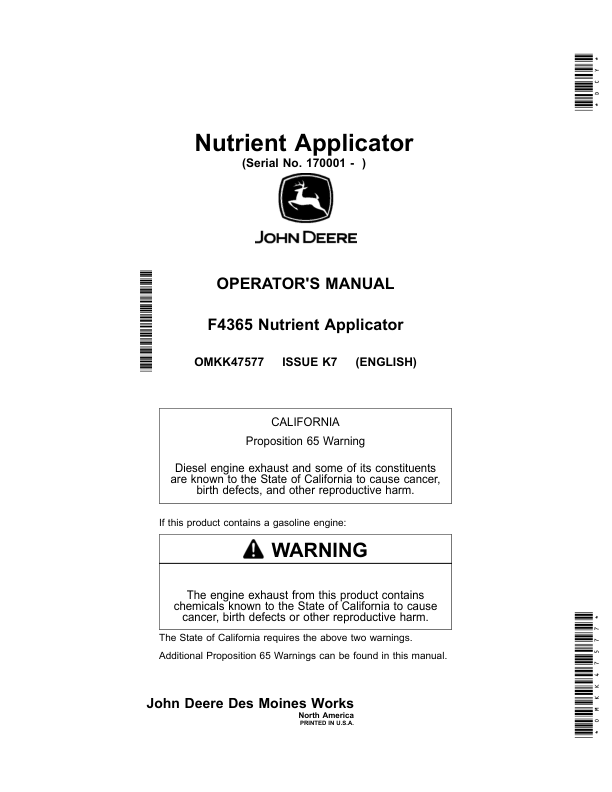 John Deere F4365 Nutrient Applicator Operator’s Manual (OMKK47577) Workshop Guide