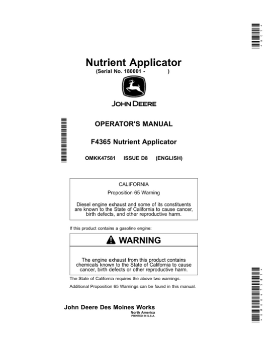 John Deere F4365 Nutrient Applicators Operator’s Manual (OMKK47581) Workshop Guide