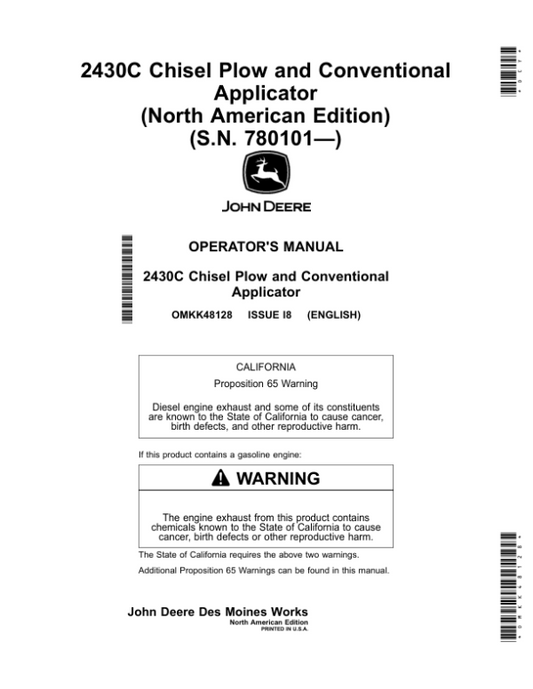 John Deere 2430C Chisel Plow, Conventional Applicator (North American) (780101-) Operator’s Manual (OMKK48128) Workshop Guide