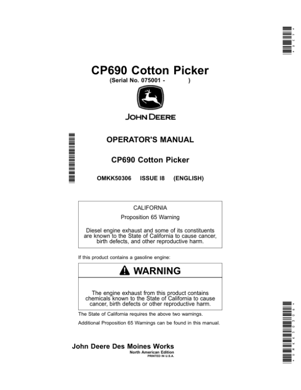 John Deere CP690 Cotton Pickers Operator’s Manual (OMKK50306) Workshop Guide