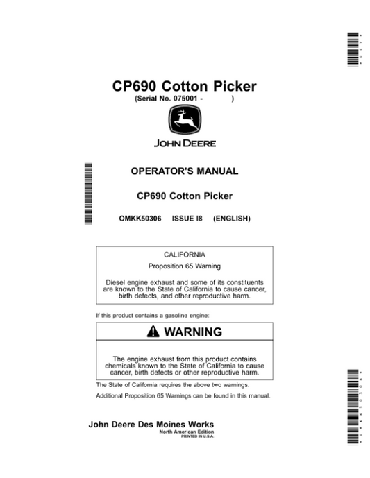 John Deere CP690 Cotton Pickers Operator’s Manual (OMKK50306) Workshop Guide