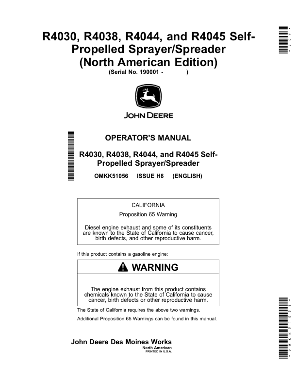 John Deere R4030, R4038, R4044, R4045 Self-Propelled Sprayer/Spreader Operator’s Manual (OMKK51056) Workshop Guide