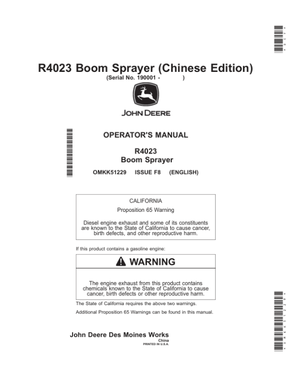 John Deere R4023 Boom Sprayers Operator’s Manual (OMKK51229) Workshop Guide