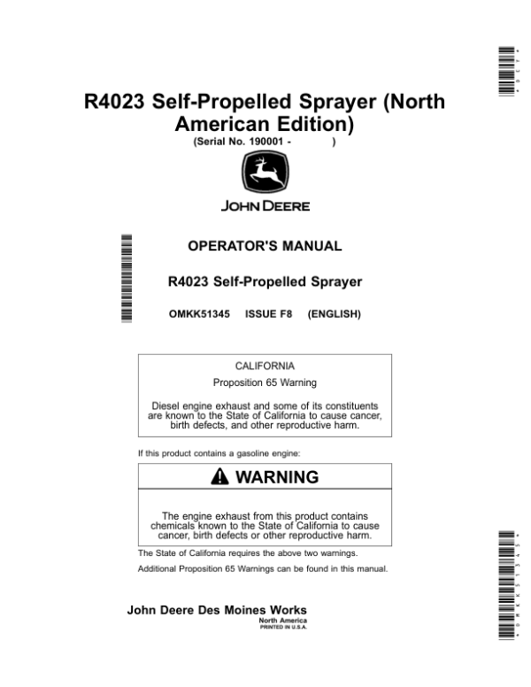 John Deere R4023 Self-Propelled Sprayer Operator’s Manual (OMKK51345) Workshop Guide