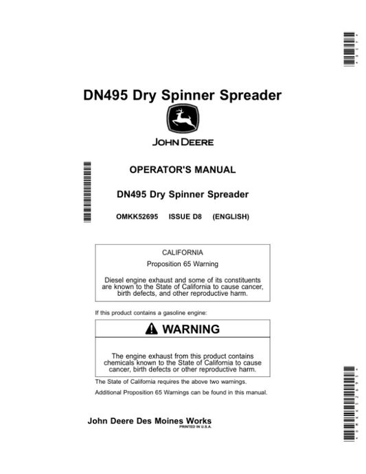 John Deere DN495 Dry Spinner Spreader Operator’s Manual (OMKK52695) Workshop Guide