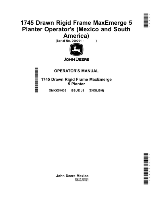 John Deere 1745 Drawn Rigid Frame MaxEmerge 5 Planters Operator’s Manual (OMKK54033) Workshop Guide