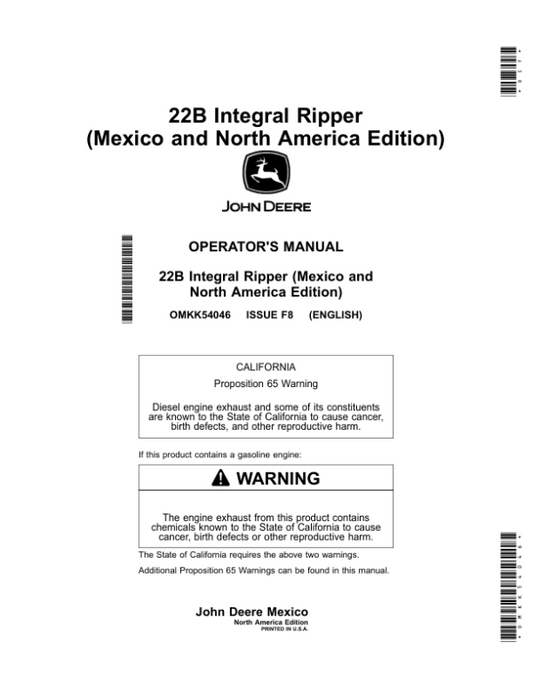 John Deere 22B Integral Ripper Operator’s Manual (OMKK54046) Workshop Guide