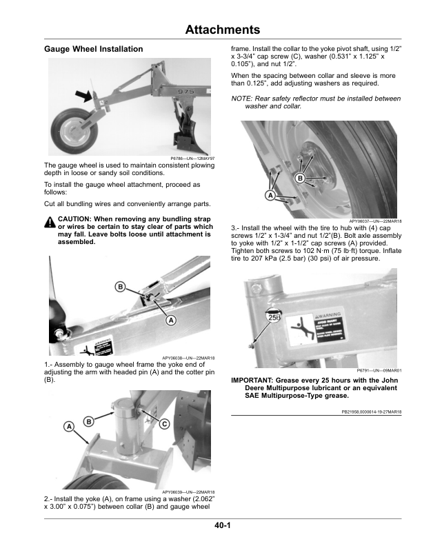John Deere 975 Integral Reversible In Furrow Moldboard Plows Operator’s Manual (OMKK54128) Workshop Guide