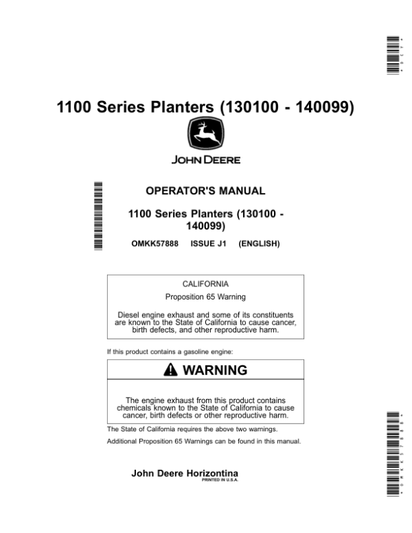 John Deere 1100 Series Planters (130100-140099) (Worldwide Edition) Operator’s Manual (OMKK57888) Workshop Guide