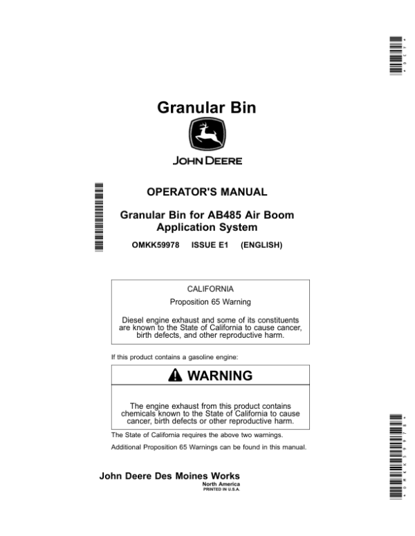 John Deere Granular Bin for AB485 Air Boom Application System (North America) Operator’s Manual (OMKK59978) Workshop Guide