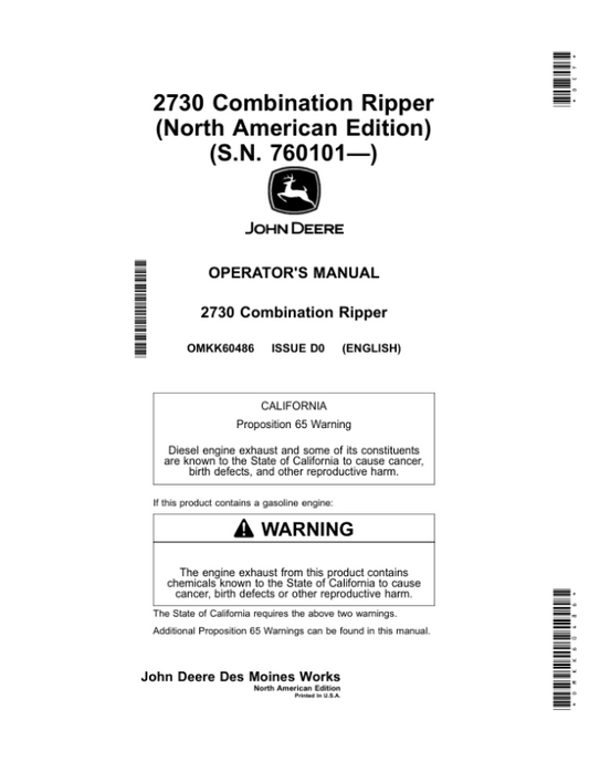John Deere 2730 Combination Ripper (760101-) Operator’s Manual (OMKK60486) Workshop Guide