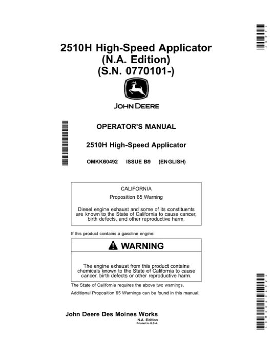 John Deere 2510H High-Speed Applicator Operator’s Manual (OMKK60492) Workshop Guide