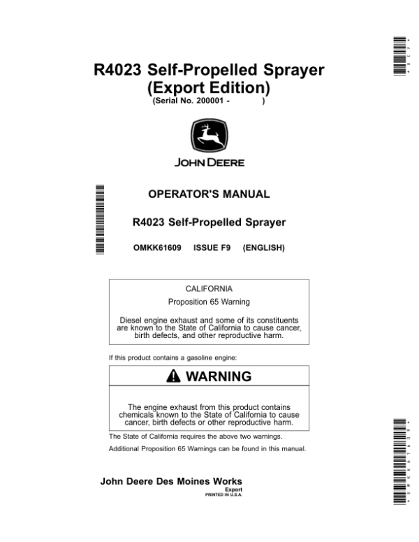 John Deere R4023 Self-Propelled Sprayer Operator’s Manual (OMKK61609) Workshop Guide