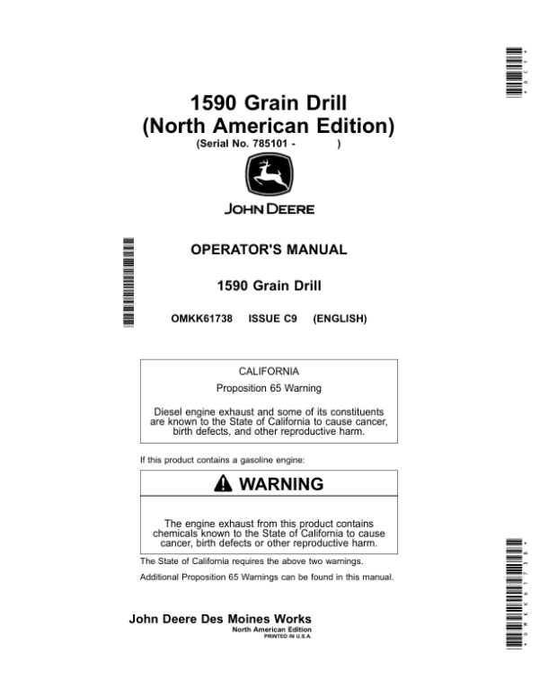 John Deere 1590 Grain Drill Operator’s Manual (OMKK61738) Workshop Guide