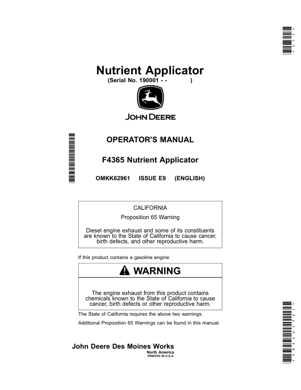 John Deere F4365 Nutrient Applicators Operator’s Manual (OMKK62961) Workshop Guide