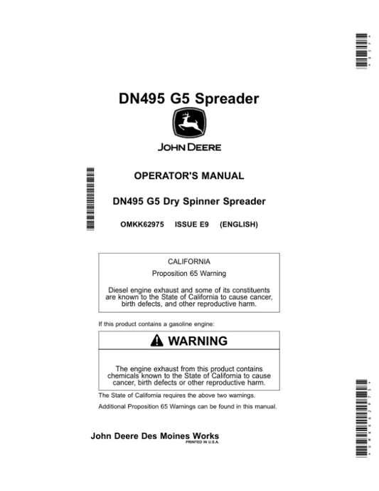 John Deere DN495 G5 Dry Spinner Spreader (MY2019) Operator’s Manual (OMKK62975) Workshop Guide