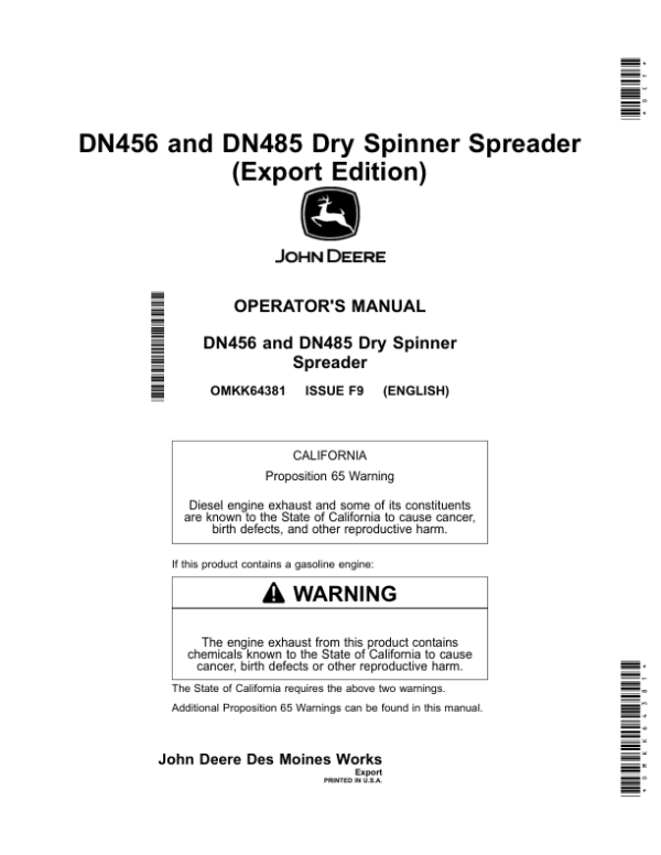 John Deere DN456, DN485 Dry Spinner Spreader Operator’s Manual (OMKK64381) Workshop Guide