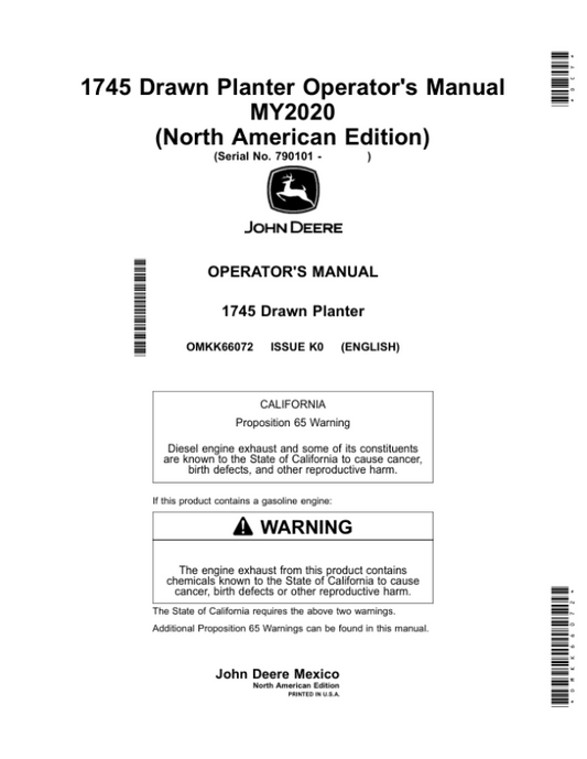 John Deere 1745 CCS Drawn Rigid Frame MaxEmerge5 planter (790101-) Operator’s Manual (OMKK66072) Workshop Guide