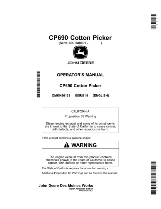 John Deere CP690 Cotton Picker Operator’s Manual (OMKK66163) Workshop Guide